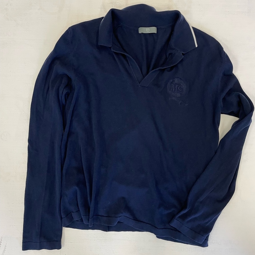 McQ by Alexander McQueen Tipped Johnny Collar Cotton Polo Sweater in Navy Size L